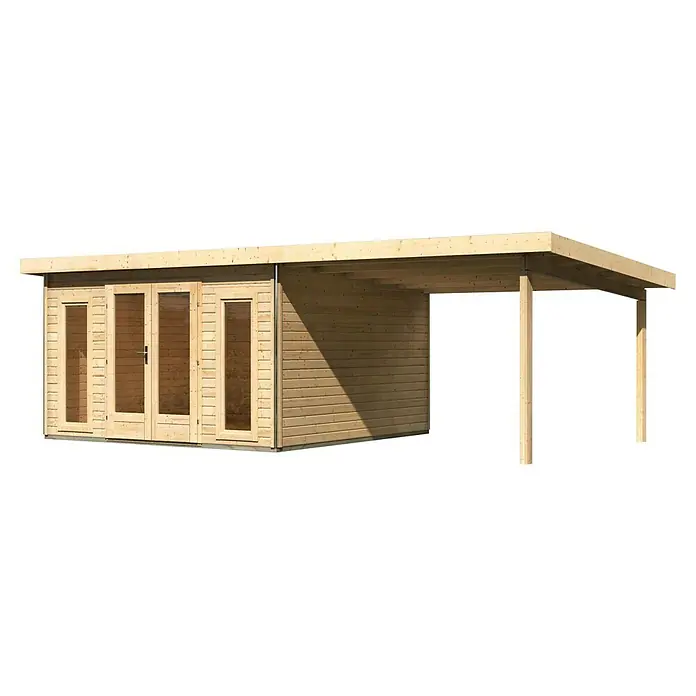 Karibu Gartenhaus Radeburg 3 - Außenmaß inkl. Dachüberstand (B x T): 724 x 393 cm, Holz, Natur, Mit Seitendach - Abbildung eines Holzgartenhauses mit Überdachung, ideal für zusätzlichen Stauraum und Wetterschutz im Garten.