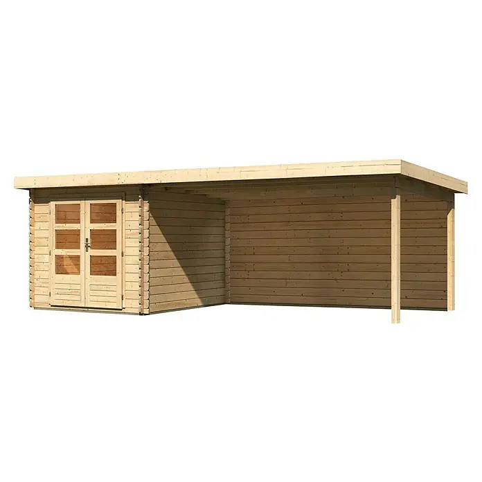 Karibu Gartenhaus Bastrup 4 - Außenmaß inkl. Dachüberstand (B x T): 654 x 333 cm, Holz, Natur, Mit Seitendach und Rückwand - Dieses Bild zeigt einen Holzschuppen mit Doppeltüren und einem überdachten Bereich, ideal für Lagerung und Schutz im Freien.