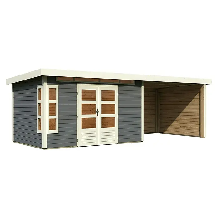 Karibu Gartenhaus Kastorf 7 - Außenmaß inkl. Dachüberstand (B x T): 702 x 273 cm, Holz, Terragrau, Mit Seitendach, Rück- und Seitenwand - Das moderne Gartenhaus mit praktischem Carport bietet viel Stauraum und Schutz für Gartengeräte und mehr. Ein echter Hingucker für jeden Garten!