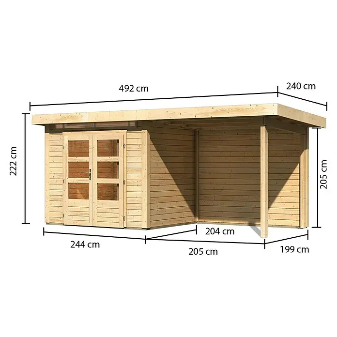 Karibu Gartenhaus Kandern 2 - Außenmaß inkl. Dachüberstand (B x T): 492 x 232 cm, Holz, Natur - Eine Abbildung des Gartenhauses mit seinen Abmessungen. Das Gartenhaus ist aus hellem Holz gefertigt und hat ein Vordach.