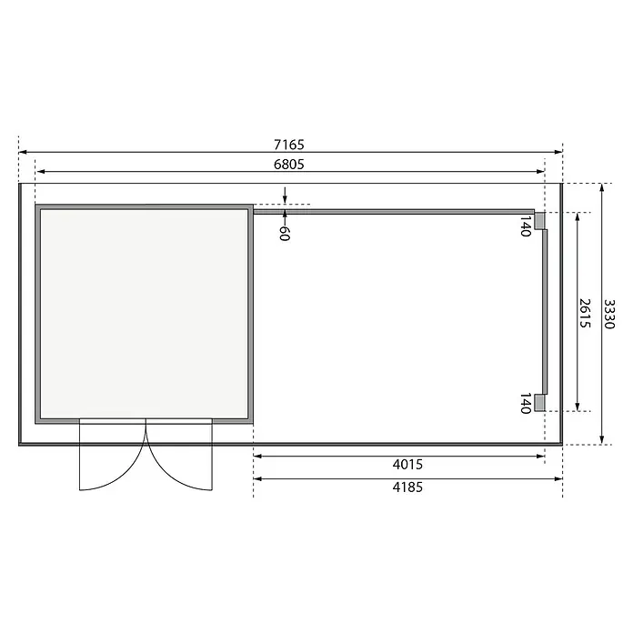 Karibu Gartenhaus - Außenmaß inkl. Dachüberstand (B x T): 716,5 x 333 cm, Holz, Natur, Mit Seitendach, Rück- & Seitenwand - Grundriss eines Gebäudes mit Maßangaben, der die architektonischen Dimensionen und das Layout des Raumes detailliert darstellt.