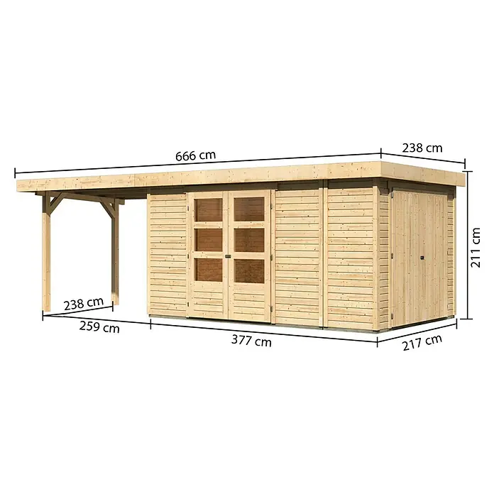 Karibu Gartenhaus Retola 6 - Außenmaß inkl. Dachüberstand (B x T): 666,5 x 262 cm, Holz, Natur - Abbildung eines Holzschuppens mit Abmessungen, der ein Produkt mit praktischem Design und klaren Linien zeigt.