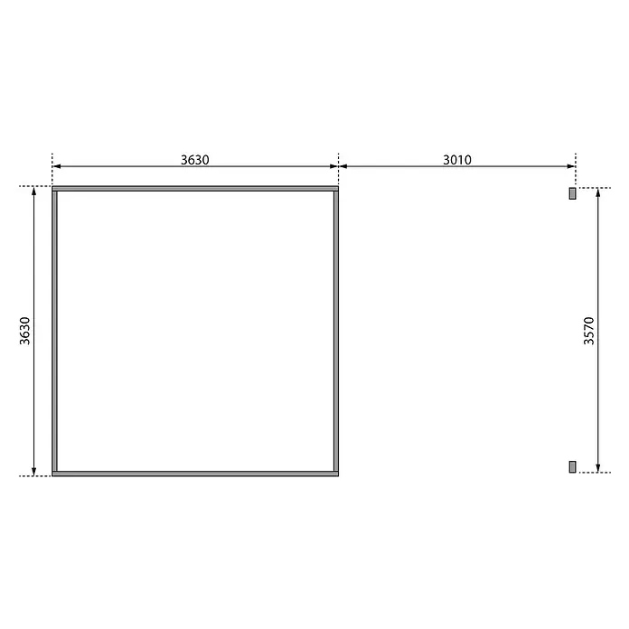 Karibu Gartenhaus Radeburg 3 - Außenmaß inkl. Dachüberstand (B x T): 724 x 393 cm, Holz, Natur, Mit Seitendach - Plan einer Gartenlaube mit den Maßen 3630 x 3630 mm und einem Anbau von 3010 x 3570 mm, dargestellt in einer technischen Zeichnung.