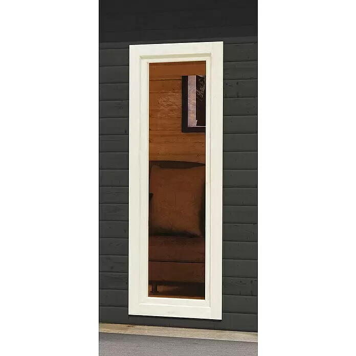 Karibu Gartenhaus Radeburg 5 - Außenmaß inkl. Dachüberstand (B x T): 560 x 422 cm, Holz, Terragrau - Weißer Holz-Türrahmen an einer dunkelgrauen Wand, der einen warmen Holzinnenraum mit braunem Kissen zeigt.