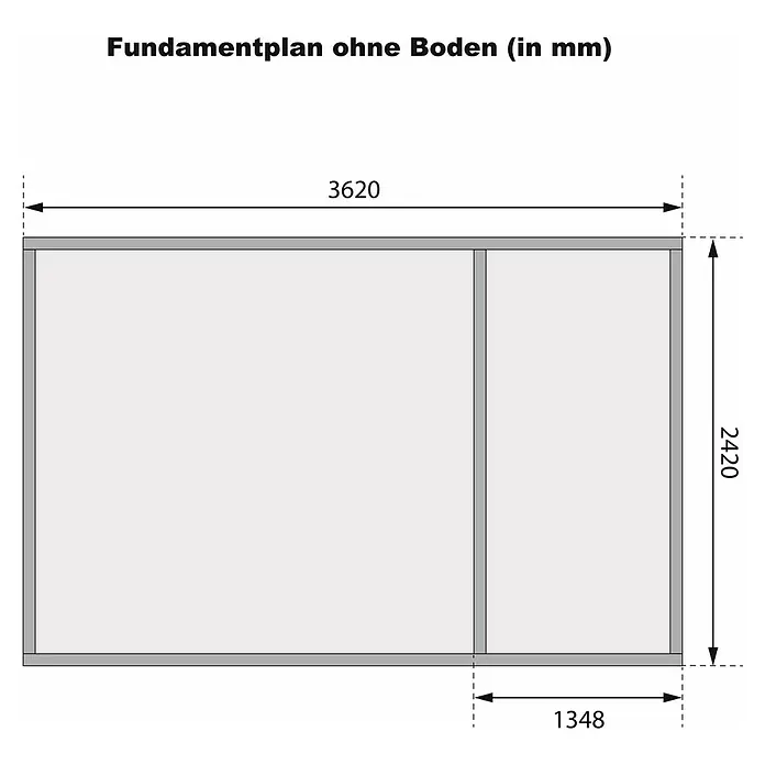 Karibu Gartenhaus Schönbuch 1 - Außenmaß inkl. Dachüberstand (B x T): 398 x 273 cm, Holz, Terragrau - Fundamentplan ohne Boden. Der Plan zeigt die Abmessungen des Fundaments mit einer Länge von 3620 mm und einer Breite von 2420 mm.