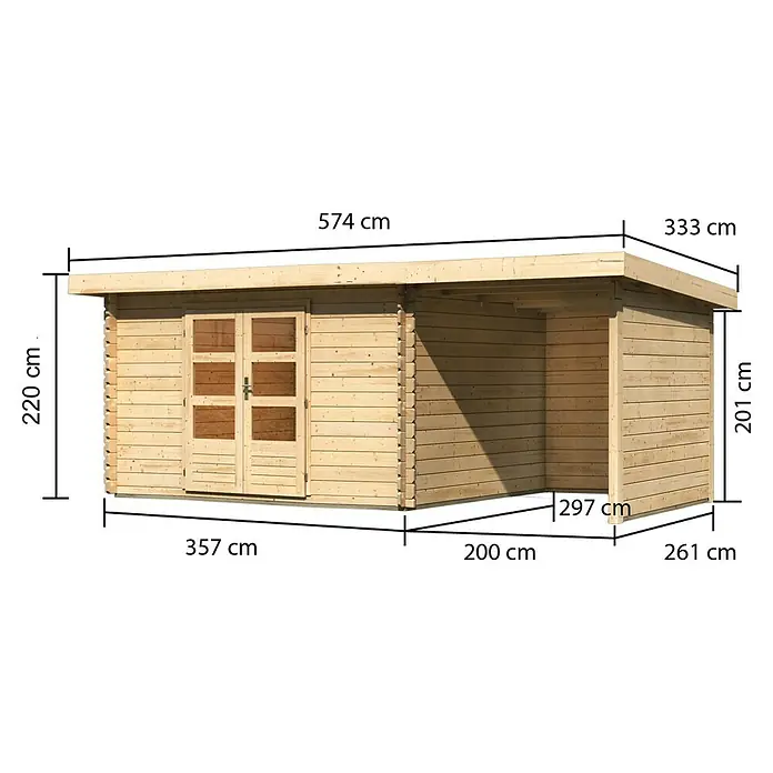 Karibu Gartenhaus Bastrup 7 - Außenmaß inkl. Dachüberstand (B x T): 574,5 x 333 cm, Holz, Natur, Mit Seitendach, Rück- und Seitenwand - Ansicht eines Holzgartenhauses mit den dazugehörigen Maßangaben in Zentimetern.