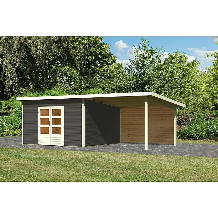 Karibu Gartenhaus Northeim 5 - Außenmaß inkl. Dachüberstand (B x T): 724 x 393 cm, Holz, Terragrau, Mit Seitendach und Rückwand - Geräumiges Gartenhaus mit seitlichem Unterstand. Das Haus bietet viel Stauraum und der Unterstand schützt vor schlechtem Wetter.