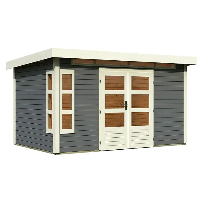 Karibu Gartenhaus Kastorf 7 - Außenmaß inkl. Dachüberstand (B x T): 396 x 273 cm, Holz, Terragrau - Bild eines modernen Gartenhauses mit grauem Holzrahmen und weißen Akzenten an Fenstern und Türen, ideal für die Aufbewahrung von Gartengeräten.