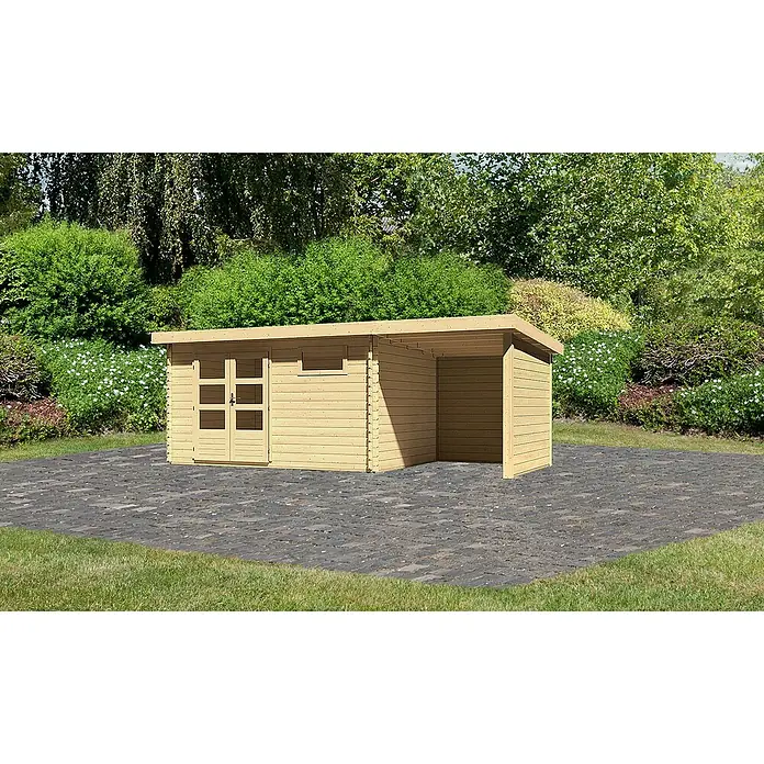 Karibu Gartenhaus Bastrup 8 - Außenmaß inkl. Dachüberstand (B x T): 604 x 333 cm, Holz, Natur, Mit Seitendach, Rück- und Seitenwand - Ein hölzernes Gartenhaus mit Doppeltüren und einem offenen Bereich für Lagerung, eingebettet in eine grüne Gartenumgebung.