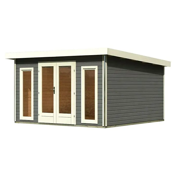 Karibu Gartenhaus Radeburg 3 - Außenmaß inkl. Dachüberstand (B x T): 406 x 393 cm, Holz, Terragrau - Abbildung eines grauen Gartenhauses mit Doppeltüren und Fenstern. Das Haus hat ein helles Dach und eine moderne Optik.