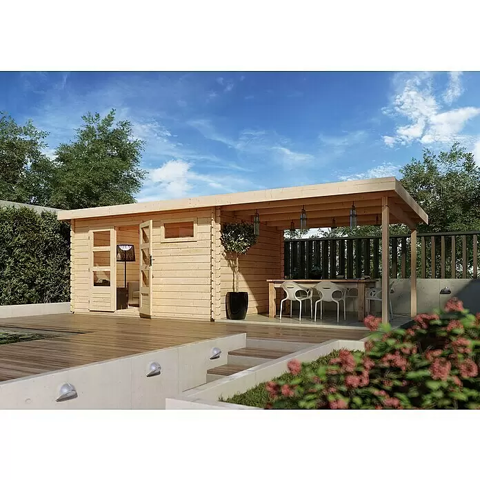 Karibu Gartenhaus Bastrup 8 - Außenmaß inkl. Dachüberstand (B x T): 704 x 333 cm, Holz, Natur, Mit Seitendach - Naturholz-Gartenhaus mit integrierter überdachter Terrasse.