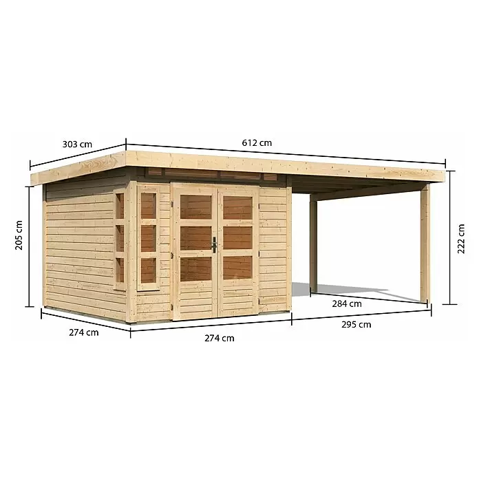 Karibu Gartenhaus Kastorf 6Außenmaß inkl. Dachüberstand (B x T): 612 x 303 cm, Holz, Natur, Mit Seitendach