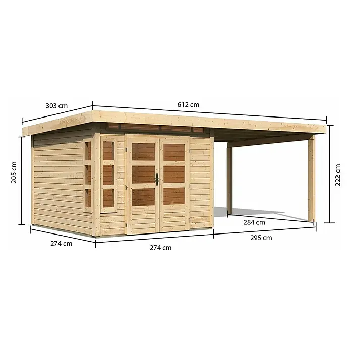 Karibu Gartenhaus Kastorf 6 - Außenmaß inkl. Dachüberstand (B x T): 612 x 303 cm, Holz, Natur, Mit Seitendach - Abbildung eines Holzgartenhauses mit Anbau und Maßangaben, ideal für Garten oder als zusätzlicher Stauraum.
