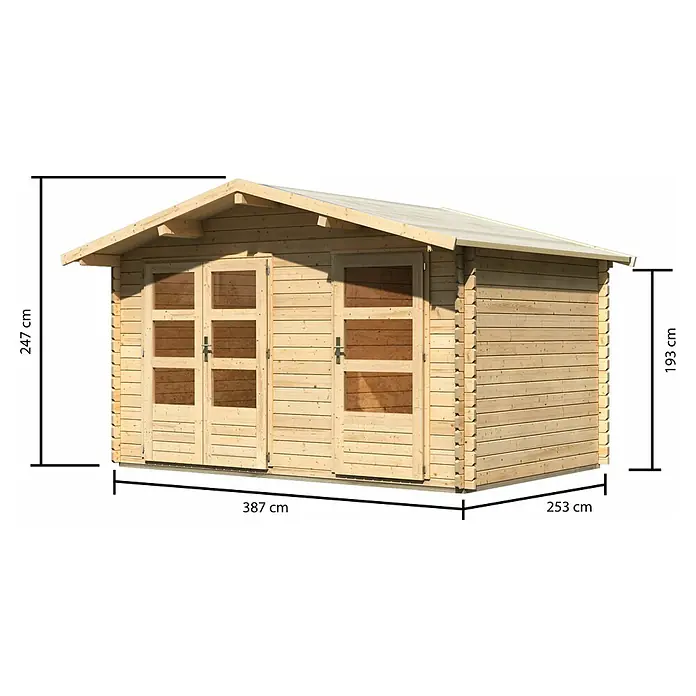 Karibu Gartenhaus Radur 0 - Außenmaß inkl. Dachüberstand (B x T): 406 x 312 cm, Holz, Natur - Abbildung eines Holzschuppens mit den Maßen 247 cm Höhe, 387 cm Breite und 253 cm Tiefe. Ideal für die Gartenaufbewahrung.