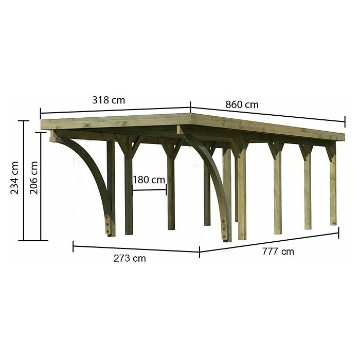 Karibu Carport Classic 3 (Außenmaß inkl. Dachüberstand (B x T): 3,18 x 8,6 m, Einzelcarport, Naturbelassen, Farbe Dach: Grau, Mit 2 Einfahrtsbögen) | BAUHAUS