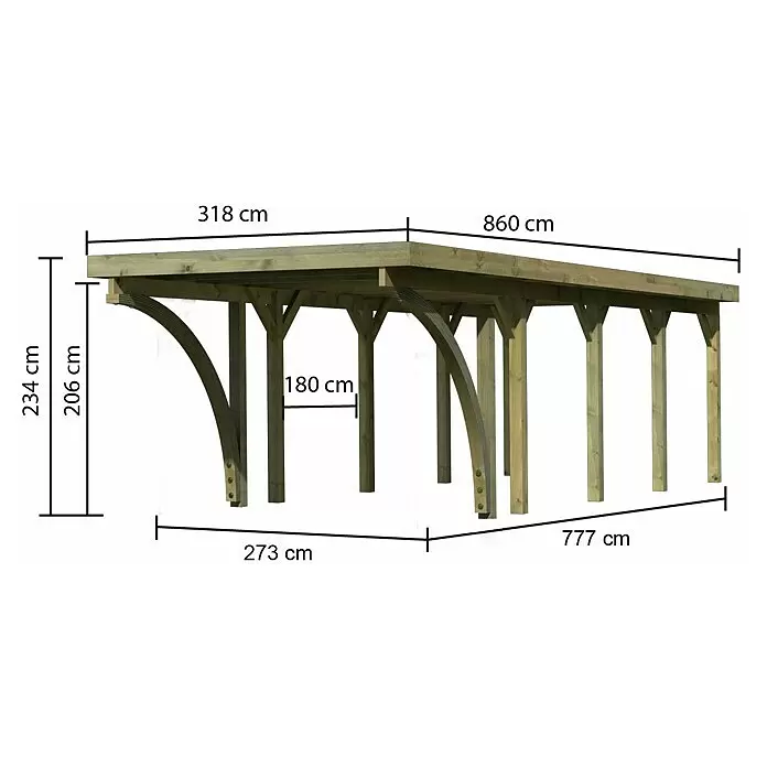 Karibu Carport Classic 3Außenmaß inkl. Dachüberstand (B x T): 3,18 x 8,6 m, Einzelcarport, Naturbelassen, Farbe Dach: Grau, Mit 2 Einfahrtsbögen