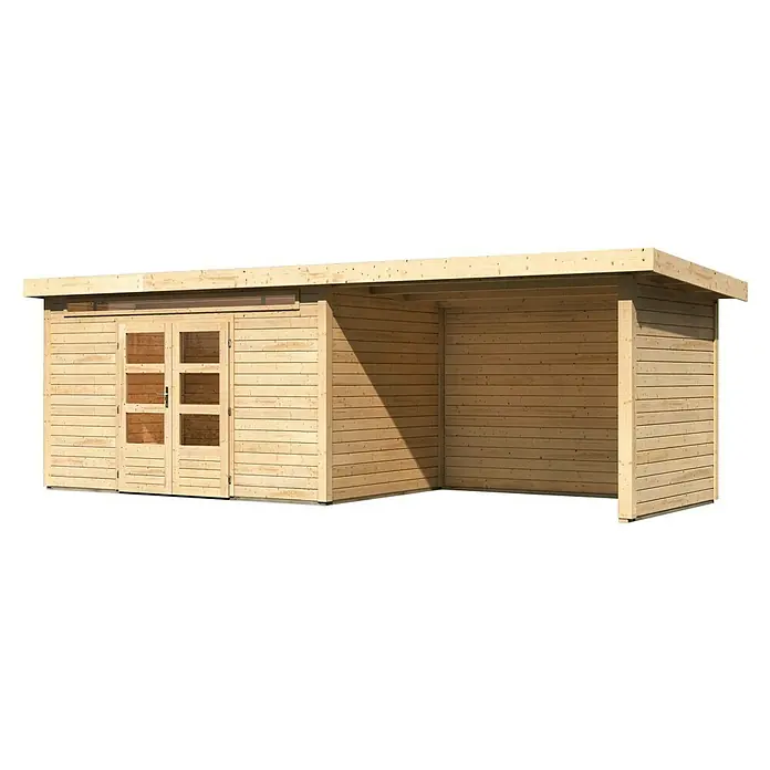 Karibu Gartenhaus Kandern 7 - Außenmaß inkl. Dachüberstand (B x T): 702 x 273 cm, Holz, Natur, Mit Seitendach, Rück- und Seitenwand - Das Bild zeigt ein modernes Holzgartenhaus mit Doppeltür und einem überdachten Bereich. Das Haus ist aus hellem Holz gefertigt.