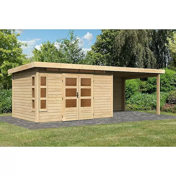 Karibu Gartenhaus Kastorf 7 - Außenmaß inkl. Dachüberstand (B x T): 702 x 273 cm, Holz, Natur, Mit Seitendach und Rückwand - Gartenhaus aus hellem Holz mit integriertem Carport auf Steinplatten.