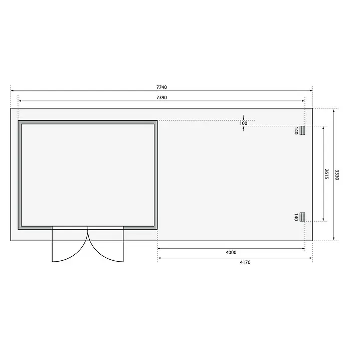 Karibu Gartenhaus Bastrup 7 - Außenmaß inkl. Dachüberstand (B x T): 774 x 333 cm, Holz, Natur, Mit Seitendach, Rück- und Seitenwand - Detaillierte technische Zeichnung eines Gebäudegrundrisses mit Bemaßungen, die die architektonischen Details hervorhebt.