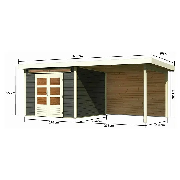 Karibu Gartenhaus Kandern 6 - Außenmaß inkl. Dachüberstand (B x T): 612 x 303 cm, Holz, Terragrau, Mit Seitendach und Rückwand - Ansicht eines Gartenhauses mit den Maßangaben Höhe 222cm, Breite 612cm und Tiefe 303cm.