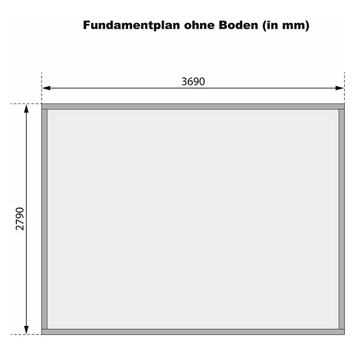Karibu Gartenhaus Bastrup 8 - Außenmaß inkl. Dachüberstand (B x T): 405 x 333 cm, Holz, Natur - Grundriss ohne Boden mit Maßen 3690 mm Breite und 2790 mm Höhe.