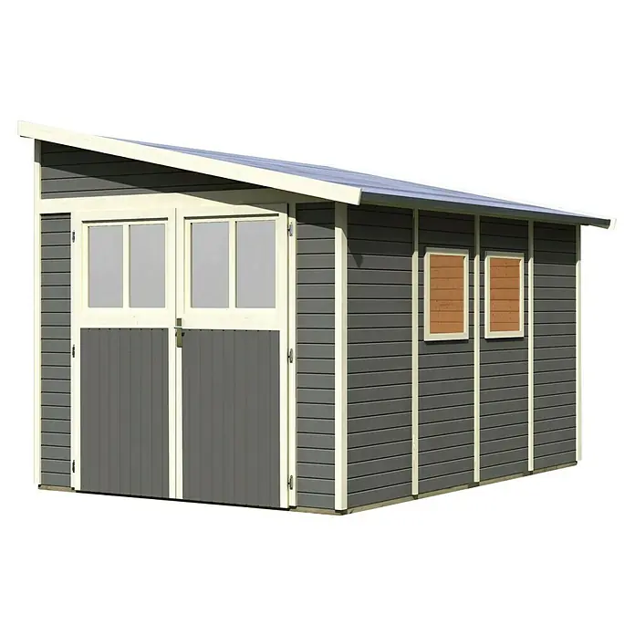 Karibu Gartenhaus Bomlitz 4 - Außenmaß inkl. Dachüberstand (B x T): 255 x 388 cm, Holz, Terragrau - Diese Abbildung zeigt ein graues Gartenhaus mit doppelt verglasten Fenstern und einer Tür. Das Gartenhaus hat eine hellgraue Dachlinie.