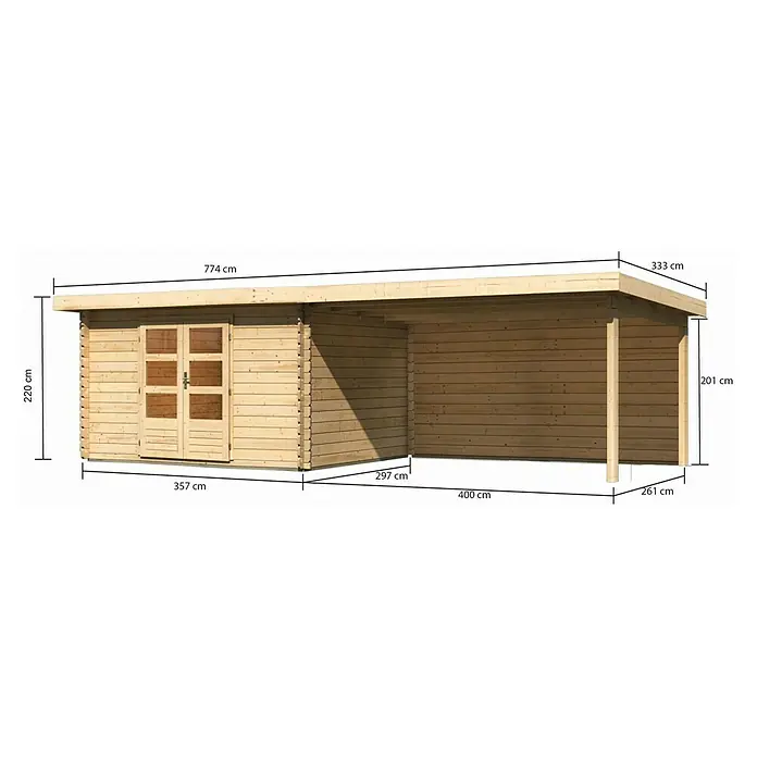 Karibu Gartenhaus Bastrup 7 - Außenmaß inkl. Dachüberstand (B x T): 774 x 333 cm, Holz, Natur, Mit Seitendach und Rückwand - Abbildung eines Holzgartenhauses mit Maßen. Das Gartenhaus verfügt über eine überdachte Veranda und ist aus hellem Holz gefertigt.