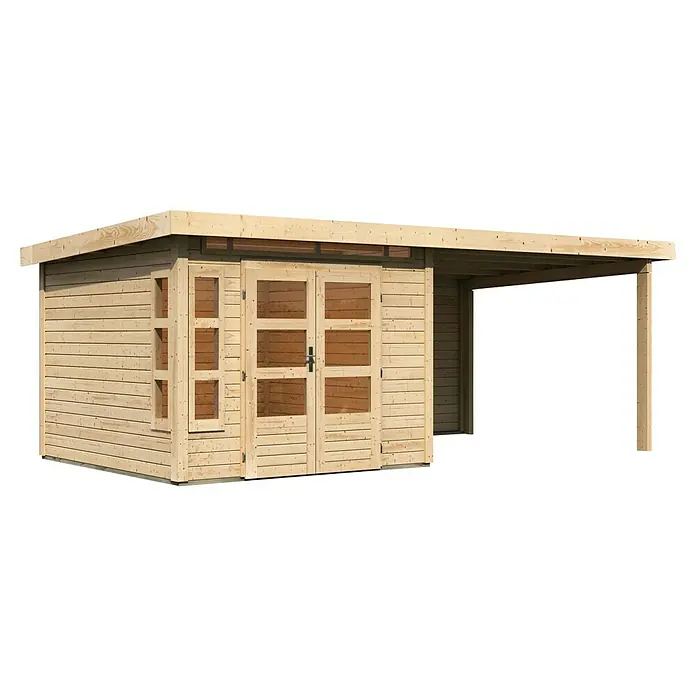 Karibu Gartenhaus Kastorf 6 - Außenmaß inkl. Dachüberstand (B x T): 612 x 303 cm, Holz, Natur, Mit Seitendach und Rückwand - Ein geräumiges Gartenhaus mit Doppeltür und einem überdachten Bereich bietet vielseitigen Stauraum und Schutz im Freien.