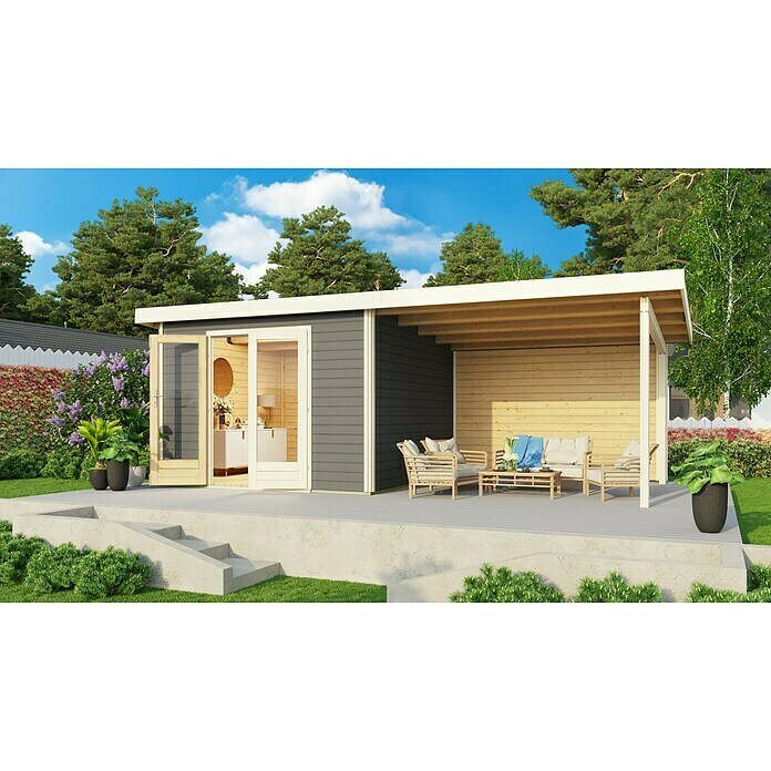 Karibu Gartenhaus Radeburg 1 (Außenmaß inkl. Dachüberstand (B x T): 664 x 331,5 cm, Holz, Terragrau, Mit Seitendach und Rückwand) | BAUHAUS