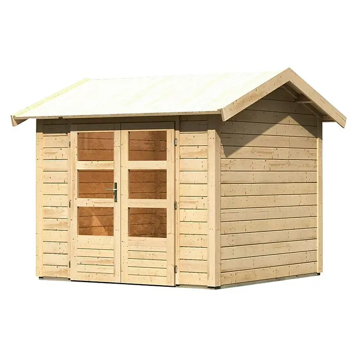 Karibu Gartenhaus Theres - Außenmaß inkl. Dachüberstand (B x T): 270 x 288 cm, Holz, Natur - Diese Abbildung zeigt ein Gartenhaus aus Holz mit Doppeltür und Satteldach. Das Holzhaus ist unbehandelt und naturbelassen.