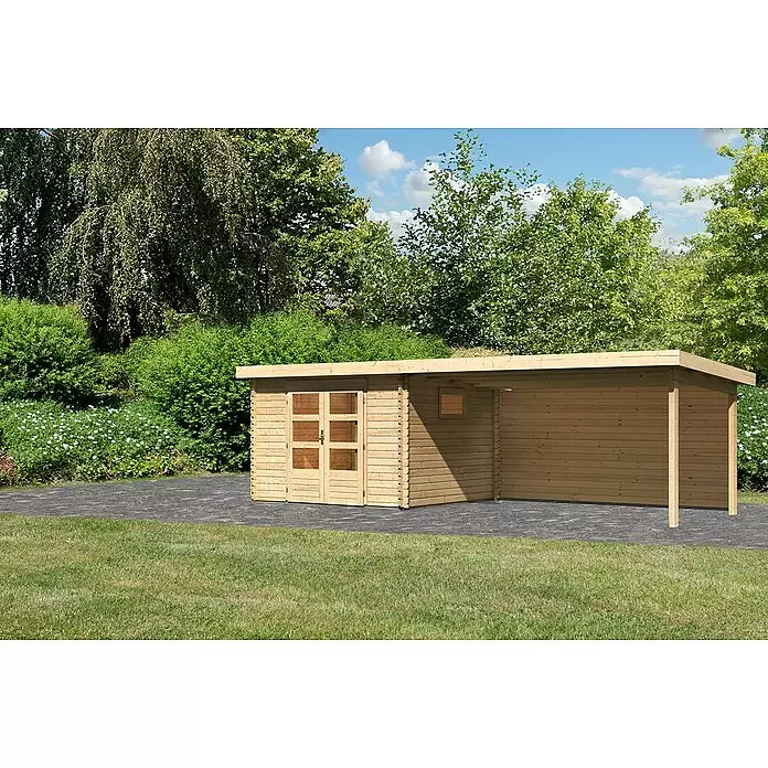 Karibu GartenhausAußenmaß inkl. Dachüberstand (B x T): 716,5 x 333 cm, Holz, Natur, Mit Seitendach & Rückwand