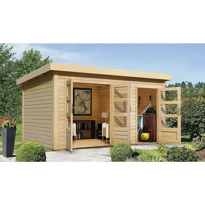 Karibu Gartenhaus Schönbuch 1 - Außenmaß inkl. Dachüberstand (B x T): 398 x 273 cm, Holz, Natur - Geräumiges Gartenhaus aus Holz mit Doppeltüren, ideal für Lagerung oder als gemütlicher Rückzugsort im Freien.