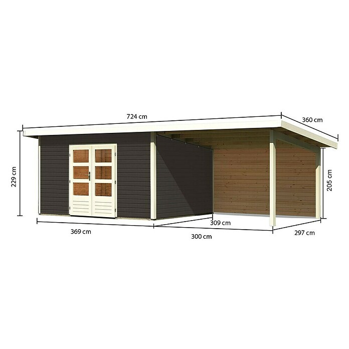 Karibu Gartenhaus Northeim 4 (Außenmaß inkl. Dachüberstand (B x T): 724 x 331,5 cm, Holz, Terragrau, Mit Seitendach und Rückwand) | BAUHAUS
