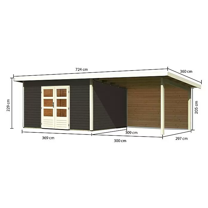 Karibu Gartenhaus Northeim 4Außenmaß inkl. Dachüberstand (B x T): 724 x 331,5 cm, Holz, Terragrau, Mit Seitendach und Rückwand