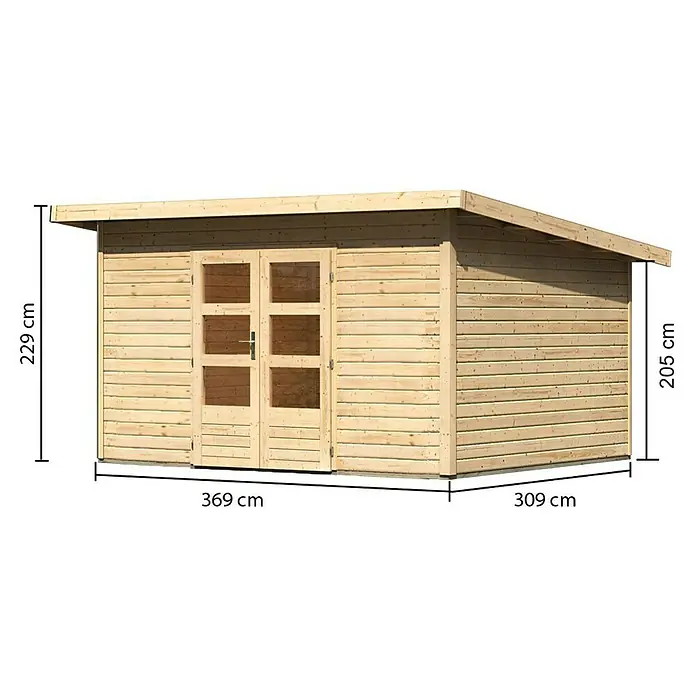 Karibu Gartenhaus Northeim 4 - Außenmaß inkl. Dachüberstand (B x T): 406 x 331,5 cm, Holz, Natur - Abbildung eines Holzschuppens mit den Maßen 369 cm x 309 cm x 229 cm, der eine praktische und stilvolle Lösung für die Aufbewahrung im Freien bietet.