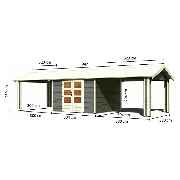 Karibu Gartenhaus Theres - Außenmaß inkl. Dachüberstand (B x T): 947 x 348 cm, Holz, Terragrau - Abbildung eines Gartenhauses mit Anbau und Bemaßung, um die Größe und Abmessungen des Produkts zu verdeutlichen.