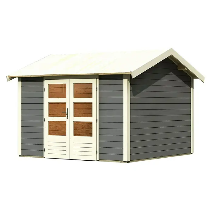 Karibu Gartenhaus Theres - Außenmaß inkl. Dachüberstand (B x T): 337 x 348 cm, Holz, Terragrau - Ein graues Gartenhaus mit weißen Akzenten, Doppeltür und Satteldach. Das ideale Gartenhaus zur Aufbewahrung von Gartengeräten und -möbeln.