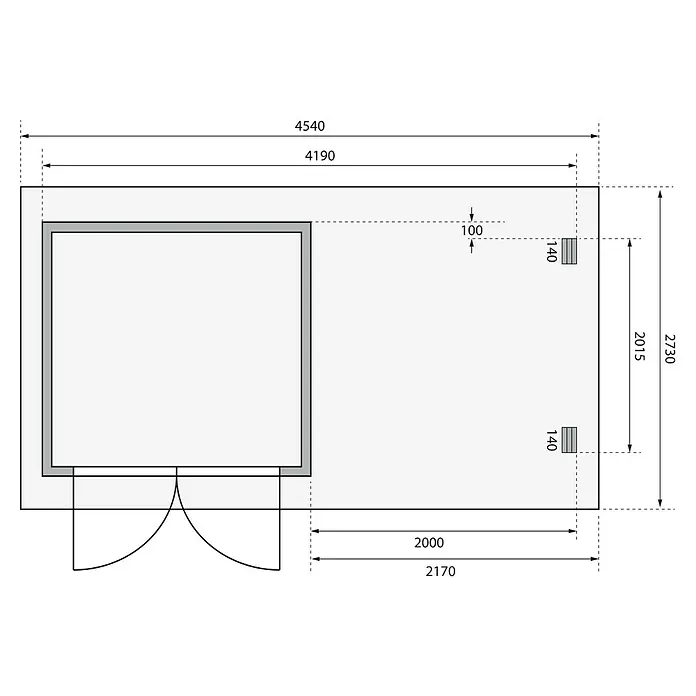 Karibu Gartenhaus Bastrup 2 - Außenmaß inkl. Dachüberstand (B x T): 454 x 273 cm, Holz, Natur, Mit Seitendach und Rückwand - Grundrisszeichnung eines Raumes mit Maßen, der die Raumaufteilung und Abmessungen detailliert darstellt.