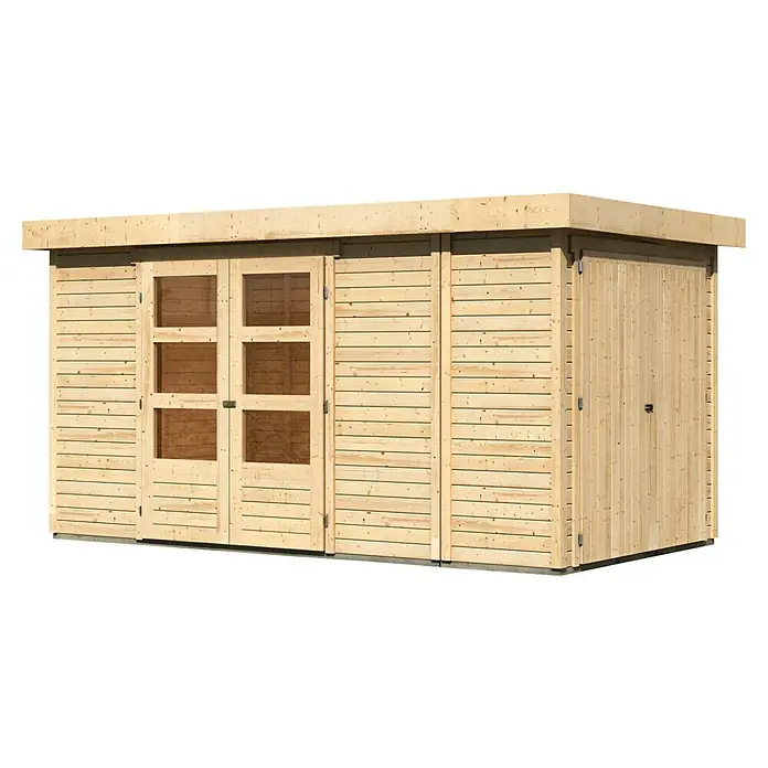 Karibu Gartenhaus Retola 5 - Außenmaß inkl. Dachüberstand (B x T): 404 x 238 cm, Holz, Natur - Außenansicht eines Holzgartenschuppens mit Doppeltüren und Fenstern, ideal für die Gartenlagerung. Das Holz ist hell und naturbelassen.