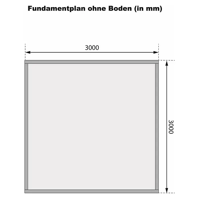 Karibu Gartenhaus Theres - Außenmaß inkl. Dachüberstand (B x T): 337 x 348 cm, Holz, Terragrau - Fundamentplan ohne Boden mit den Maßen 3000 x 3000 mm.