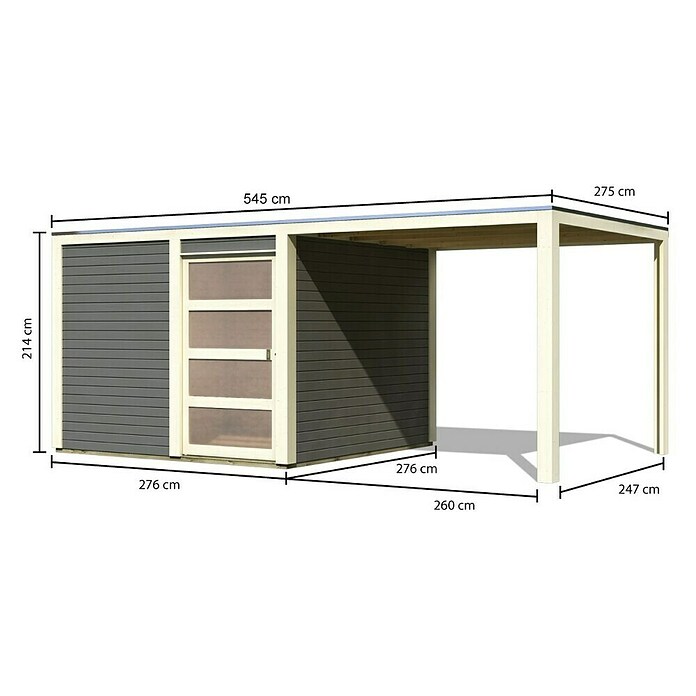 Karibu Gartenhaus Qubic 2 (Außenmaß inkl. Dachüberstand (B x T): 542,5 x 276 cm, Holz, Terragrau, Mit Seitendach) | BAUHAUS