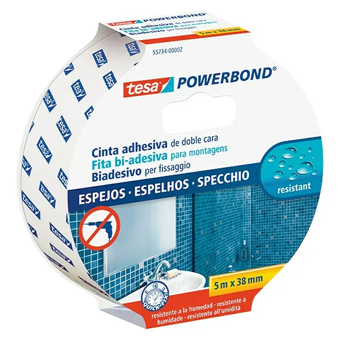 Tesa Powerbond Cinta de doble cara Espejos - 38 mm x 5 m, Blanco - Cinta de montaje para espejos Tesa Powerbond: Cinta de doble cara para el montaje de espejos y otras superficies lisas en cuartos húmedos.