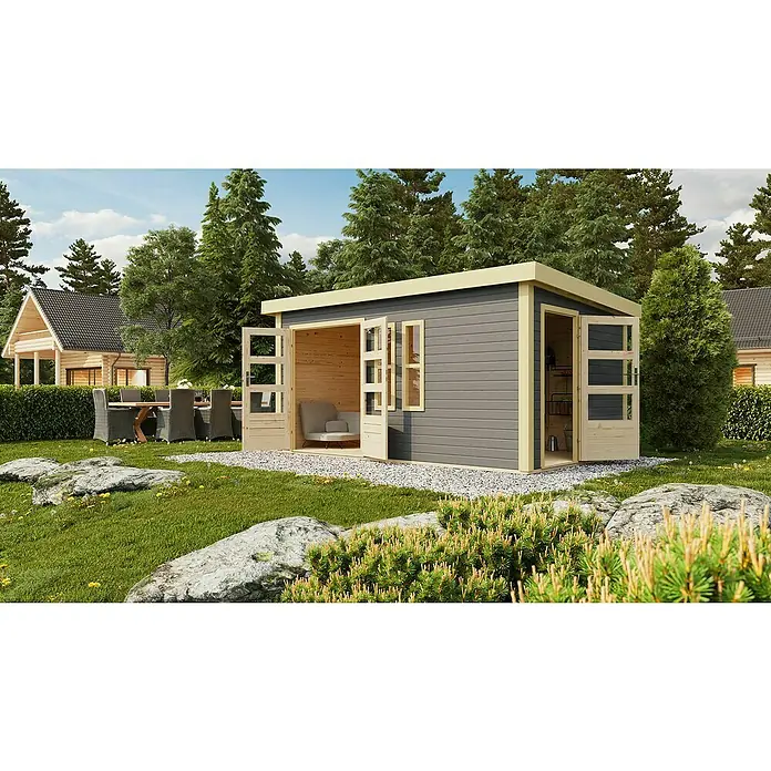Karibu Gartenhaus Schönbuch 2 - Außenmaß inkl. Dachüberstand (B x T): 458 x 302 cm, Holz, Terragrau - Abbildung eines modernen Gartenhauses mit grauen Wänden und Holztüren, eingebettet in eine grüne Gartenlandschaft mit Bäumen und Rasen.