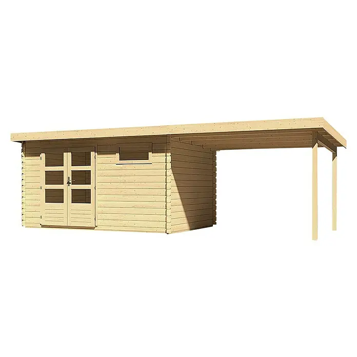 Karibu Gartenhaus Bastrup 8 - Außenmaß inkl. Dachüberstand (B x T): 704 x 333 cm, Holz, Natur, Mit Seitendach - Detailaufnahme eines Holzgartens mit Carport Anbau. Das Holzhaus verfügt über Doppeltüren und ein Fenster.