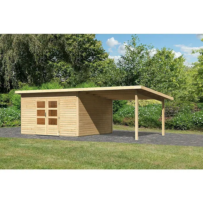 Karibu Gartenhaus Northeim 5 - Außenmaß inkl. Dachüberstand (B x T): 724 x 393 cm, Holz, Natur, Mit Seitendach - Ein Holzgartenhaus mit einem überdachten Bereich, ideal für Lagerung und Schutz im Freien.