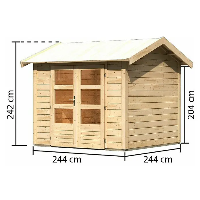 Karibu Gartenhaus Theres - Außenmaß inkl. Dachüberstand (B x T): 270 x 288 cm, Holz, Natur - Abbildung eines Holzgartenhauses mit den Maßen 244 x 244 x 242 cm und einer Seitenhöhe von 204 cm.