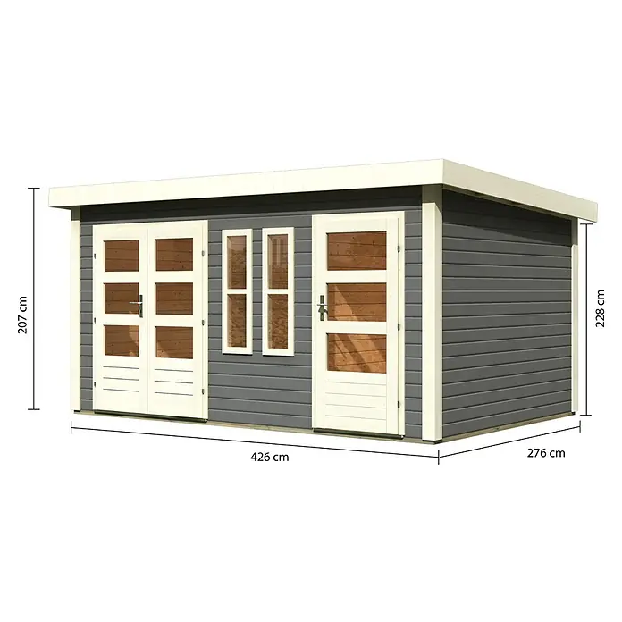 Karibu Gartenhaus Schönbuch 2 - Außenmaß inkl. Dachüberstand (B x T): 458 x 302 cm, Holz, Terragrau - Das graue Gartenhaus mit Doppeltür, Fenstern und Flachdach ist 426 x 276 cm groß und 207/228 cm hoch.