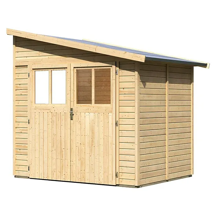 Karibu Gartenhaus Bomlitz 2 - Außenmaß inkl. Dachüberstand (B x T): 255 x 232 cm, Holz, Natur - Ein geräumiges Holzgartenhaus mit Doppeltür und Fenster für die Aufbewahrung von Gartengeräten und mehr.