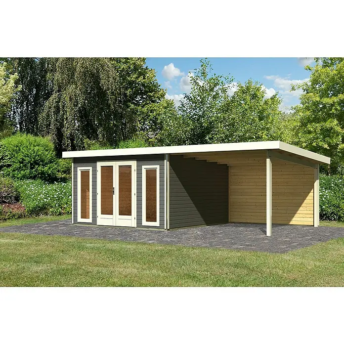 Karibu Gartenhaus Radeburg 3 - Außenmaß inkl. Dachüberstand (B x T): 724 x 393 cm, Holz, Terragrau, Mit Seitendach und Rückwand - Eine moderne Gartenlaube mit Flachdach und integriertem Carport, ideal für Gartenliebhaber mit Stil und praktischem Bedarf.