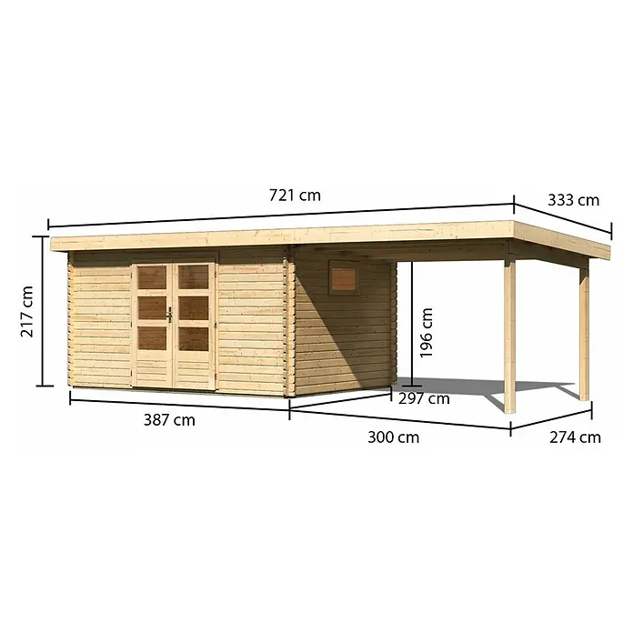 Karibu Gartenhaus Trittau 5 - Außenmaß inkl. Dachüberstand (B x T): 706 x 333 cm, Holz, Natur, Mit Seitendach - Ansicht eines Holzgartenhauses mit den Maßangaben der Höhe, Breite und Tiefe in Zentimetern.